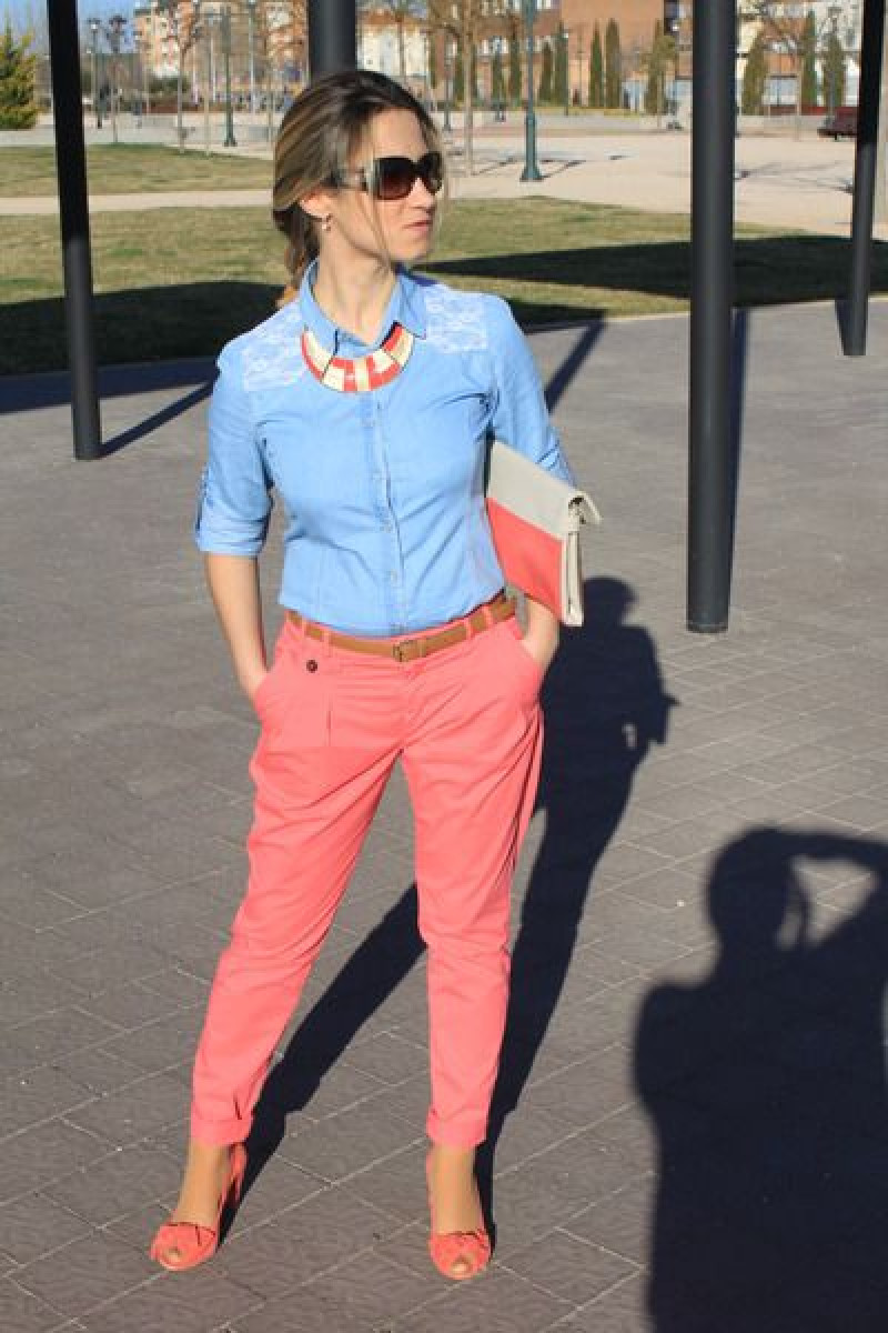 Light Blue 3/4 Sleeves Denim Shirt, Pink Cotton Casual Trouser, Coral Outfits